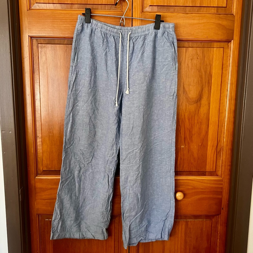 Uniqlo Chambray-Style Wide Leg Drawstring Pants — Dusty Blue